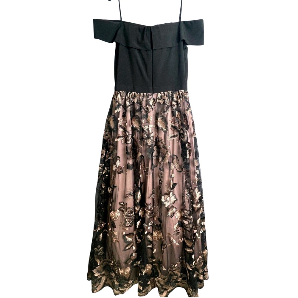 Nightway Off Shoulder‎ Black Mesh Gown Size 10 Embroidered Floral Formal Dress
